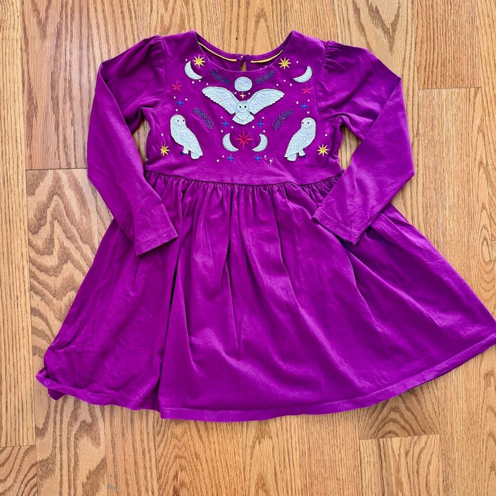 EUC sz 5-6 Mini Boden Purple long-sleeve owl dress